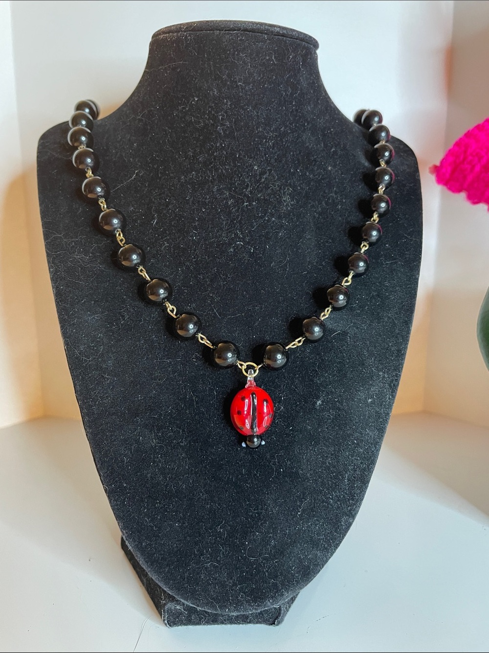 Black Beaded Necklace with Red Ladybug Pendant — Women’s Fashion Necklace